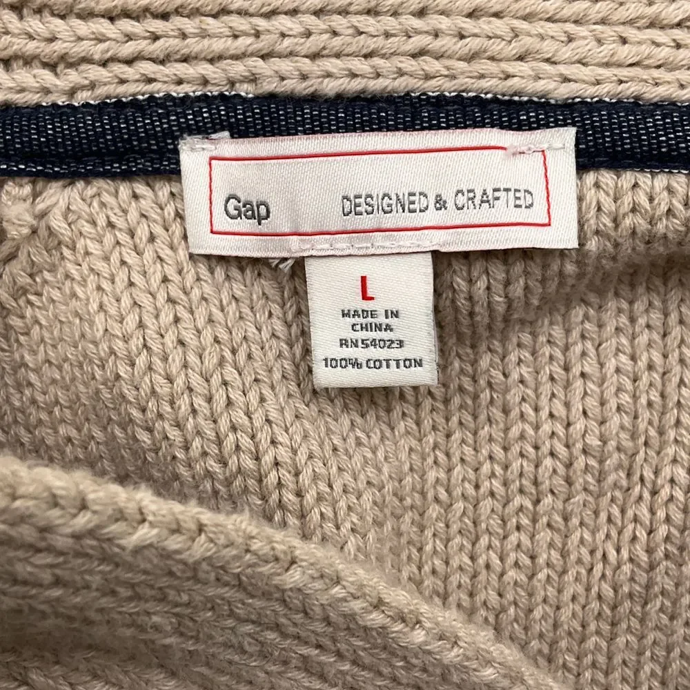 GAP‎ Cardigan Men L Beige Cotton Knit Classic Grandpa Retro Academia Sweater